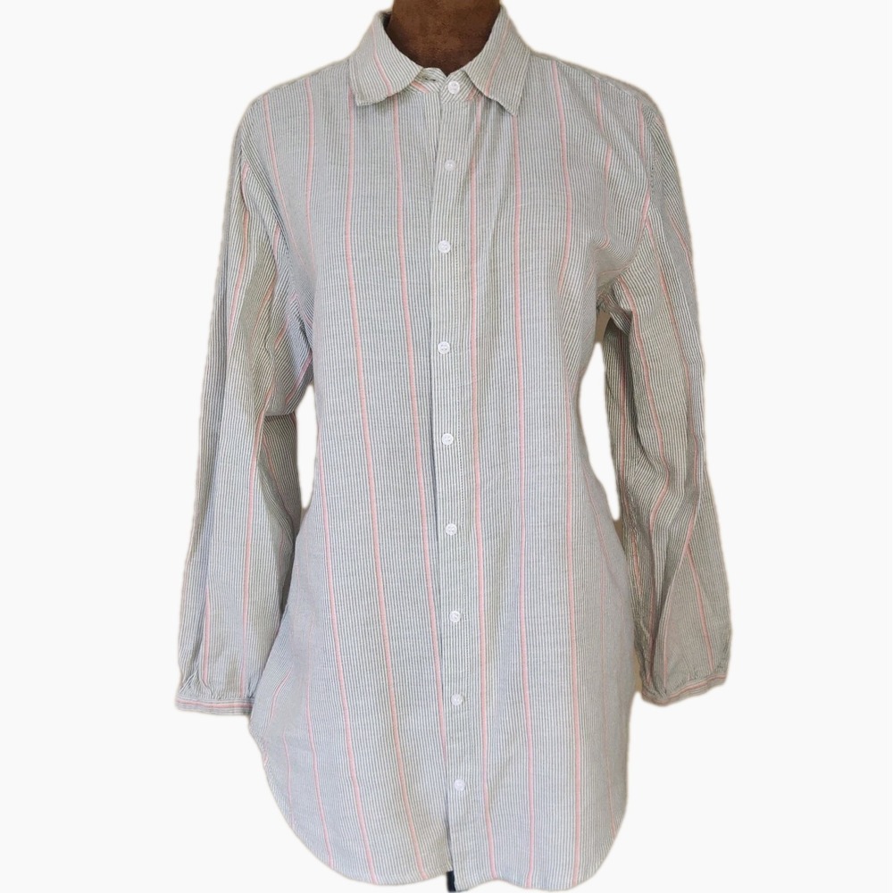 Lilla P Top Striped Button Up Shirt Green Coral 100%‎ Cotton Lightweight Women's